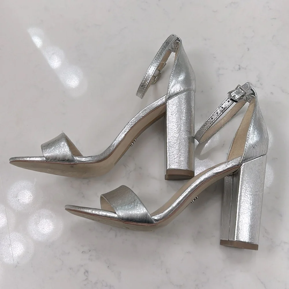 SAM EDELMAN Daniella Block Heel Leather Sandal Elegant Silver Size 6 - Picture 2 of 7